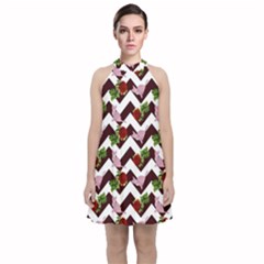 Cat Rose Chevron Velvet Halter Neckline Dress  by snowwhitegirl