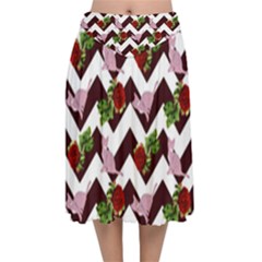 Cat Rose Chevron Velvet Flared Midi Skirt by snowwhitegirl