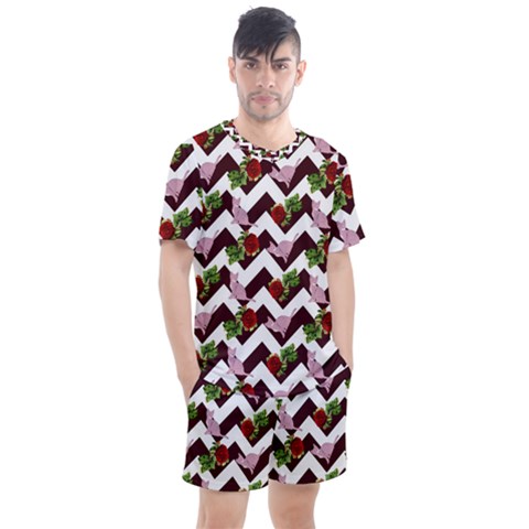 Cat Rose Chevron Men s Mesh Tee And Shorts Set by snowwhitegirl