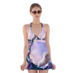 Cute Little Maltese Puppy On The Moon Halter Dress Swimsuit  by FantasyWorld7