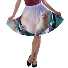 Cute Little Maltese Puppy On The Moon A-line Skater Skirt by FantasyWorld7