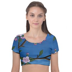 Cherry Blossoms Velvet Short Sleeve Crop Top 