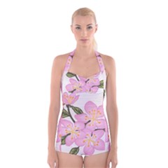 Pink Flowers Boyleg Halter Swimsuit  by lwdstudio