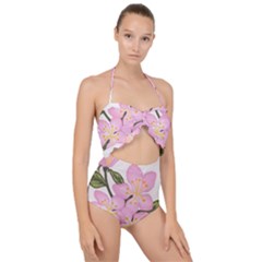 Pink Flowers Scallop Top Cut Out Swimsuit