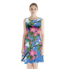 Cherry Blossoms Sleeveless Waist Tie Chiffon Dress