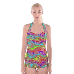 Colorful wavy shapes                                                   Boyleg Halter Swimsuit