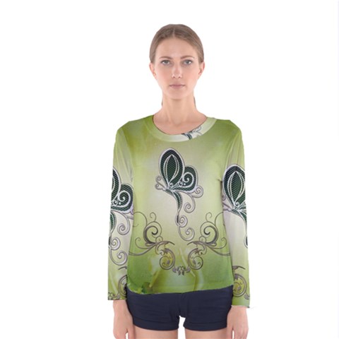 Wonderful Butterlies , Green Colors Women s Long Sleeve Tee by FantasyWorld7