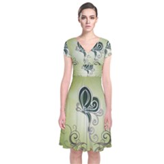 Wonderful Butterlies , Green Colors Short Sleeve Front Wrap Dress by FantasyWorld7