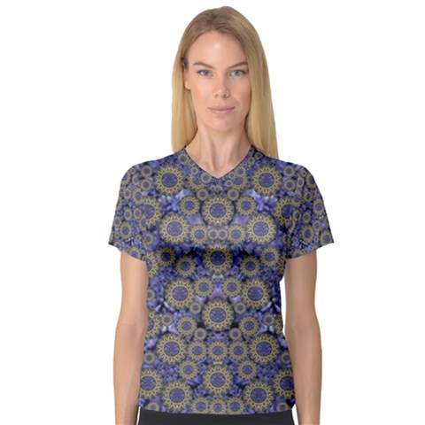 Blue Small Wonderful Floral In Mandalas V-neck Sport Mesh Tee by pepitasart