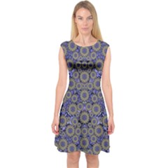 Blue Small Wonderful Floral In Mandalas Capsleeve Midi Dress by pepitasart