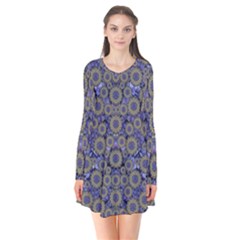 Blue Small Wonderful Floral In Mandalas Long Sleeve V-neck Flare Dress by pepitasart