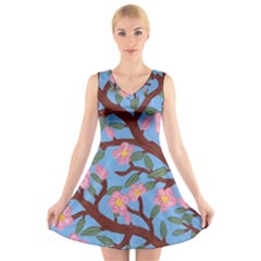 Cherry Blossoms Tree V-neck Sleeveless Dress