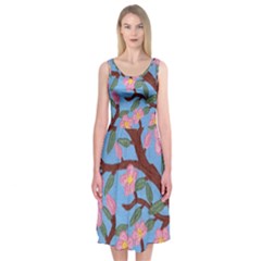 Cherry Blossoms Tree Midi Sleeveless Dress by lwdstudio