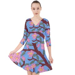 Cherry Blossoms Tree Quarter Sleeve Front Wrap Dress by lwdstudio