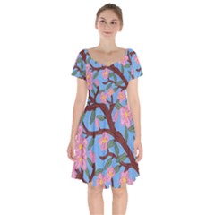 Cherry Blossoms Tree Short Sleeve Bardot Dress by lwdstudio