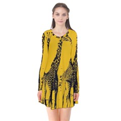 Giraffe  Long Sleeve V-neck Flare Dress by Valentinaart