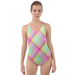 Pastel Rainbow Tablecloth Diagonal Check Cut-out Back One Piece Swimsuit by PodArtist