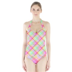 Pastel Rainbow Tablecloth Diagonal Check Halter Swimsuit