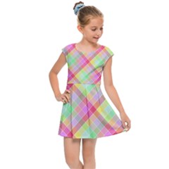 Pastel Rainbow Tablecloth Diagonal Check Kids Cap Sleeve Dress by PodArtist