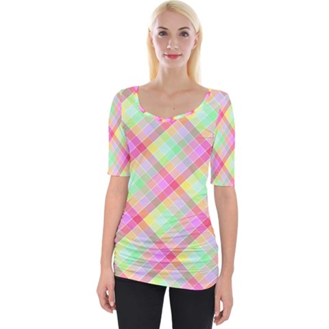 Pastel Rainbow Tablecloth Diagonal Check Wide Neckline Tee by PodArtist