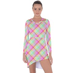 Pastel Rainbow Tablecloth Diagonal Check Asymmetric Cut-out Shift Dress by PodArtist