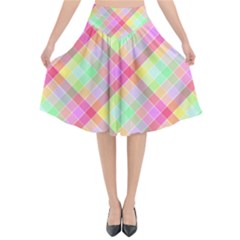 Pastel Rainbow Tablecloth Diagonal Check Flared Midi Skirt by PodArtist