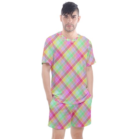 Pastel Rainbow Tablecloth Diagonal Check Men s Mesh Tee And Shorts Set by PodArtist