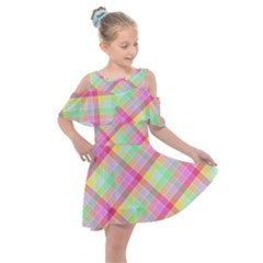 Pastel Rainbow Tablecloth Diagonal Check Kids  Shoulder Cutout Chiffon Dress by PodArtist