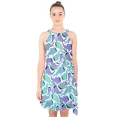 Whale Sharks Halter Collar Waist Tie Chiffon Dress