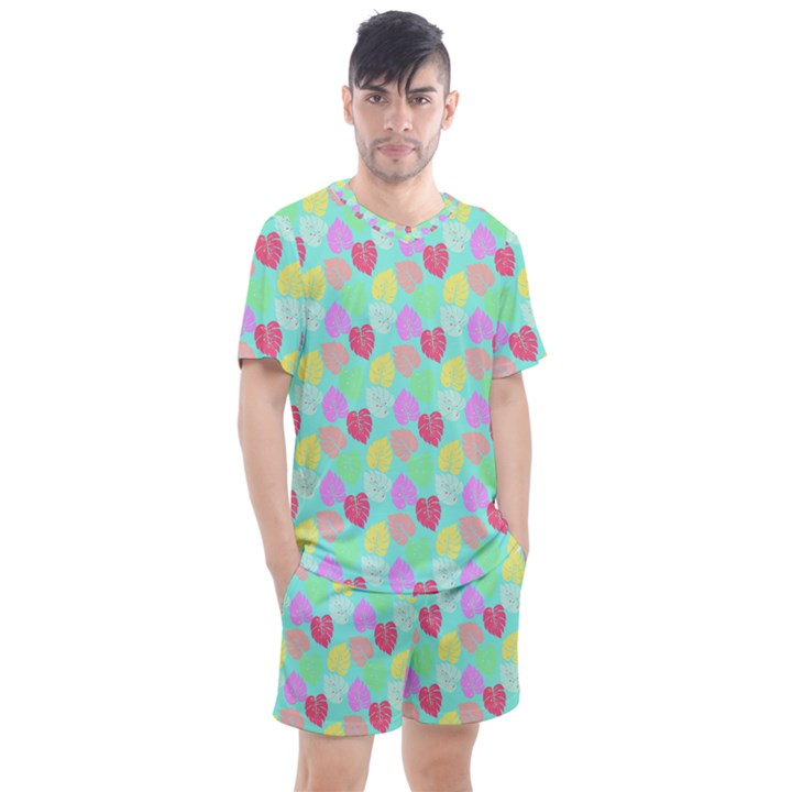 Pastel Rainbow Monstera Men s Mesh Tee and Shorts Set