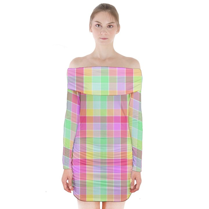 Pastel Rainbow Sorbet Ice Cream Check Plaid Long Sleeve Off Shoulder Dress