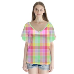 Pastel Rainbow Sorbet Ice Cream Check Plaid V-neck Flutter Sleeve Top by PodArtist