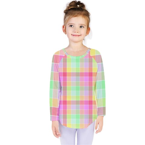 Pastel Rainbow Sorbet Ice Cream Check Plaid Kids  Long Sleeve Tee by PodArtist