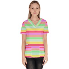 Pastel Rainbow Sorbet Horizontal Deck Chair Stripes Women s V-neck Scrub Top by PodArtist