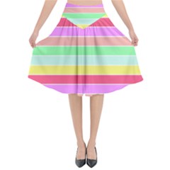 Pastel Rainbow Sorbet Horizontal Deck Chair Stripes Flared Midi Skirt by PodArtist