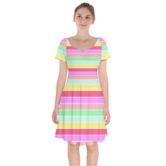 Pastel Rainbow Sorbet Horizontal Deck Chair Stripes Short Sleeve Bardot Dress by PodArtist