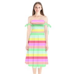 Pastel Rainbow Sorbet Horizontal Deck Chair Stripes Shoulder Tie Bardot Midi Dress by PodArtist