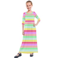 Pastel Rainbow Sorbet Horizontal Deck Chair Stripes Kids  Quarter Sleeve Maxi Dress by PodArtist