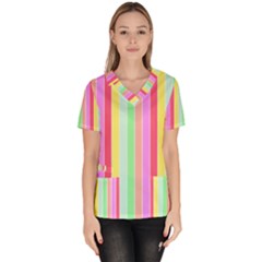 Pastel Rainbow Sorbet Deck Chair Stripes Women s V-neck Scrub Top by PodArtist