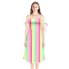 Pastel Rainbow Sorbet Deck Chair Stripes Shoulder Tie Bardot Midi Dress by PodArtist