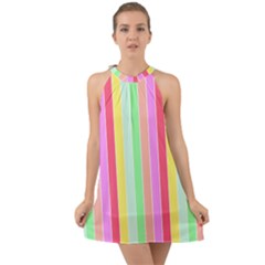 Pastel Rainbow Sorbet Deck Chair Stripes Halter Tie Back Chiffon Dress