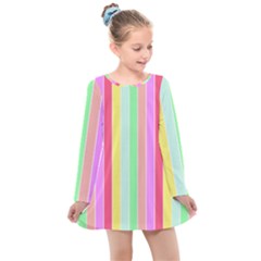 Pastel Rainbow Sorbet Deck Chair Stripes Kids  Long Sleeve Dress by PodArtist