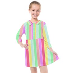 Pastel Rainbow Sorbet Deck Chair Stripes Kids  Quarter Sleeve Shirt Dress by PodArtist