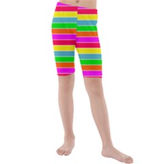 Neon Hawaiian Rainbow Horizontal Deck Chair Stripes Kids  Mid Length Swim Shorts by PodArtist