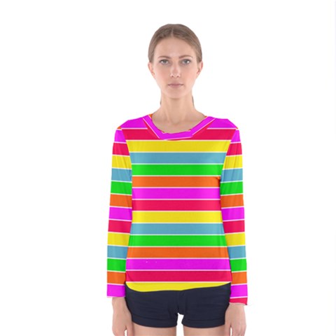 Neon Hawaiian Rainbow Horizontal Deck Chair Stripes Women s Long Sleeve Tee by PodArtist