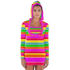 Neon Hawaiian Rainbow Horizontal Deck Chair Stripes Long Sleeve Hooded T-shirt by PodArtist