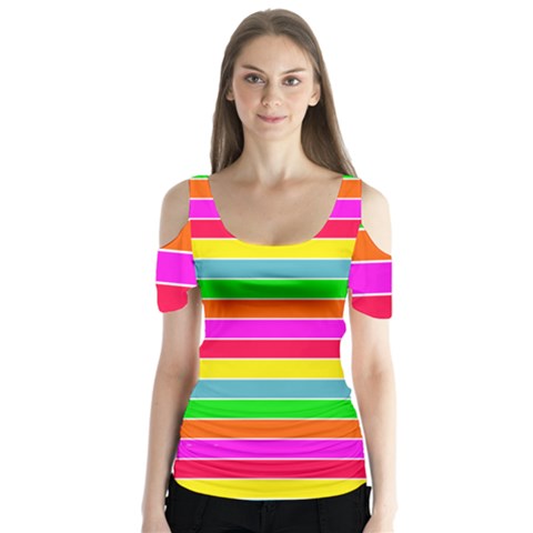 Neon Hawaiian Rainbow Horizontal Deck Chair Stripes Butterfly Sleeve Cutout Tee  by PodArtist