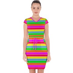 Neon Hawaiian Rainbow Horizontal Deck Chair Stripes Capsleeve Drawstring Dress  by PodArtist