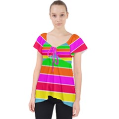 Neon Hawaiian Rainbow Horizontal Deck Chair Stripes Lace Front Dolly Top by PodArtist