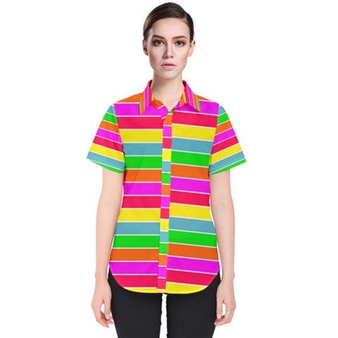 Neon Hawaiian Rainbow Horizontal Deck Chair Stripes Women s Short Sleeve Shirt by PodArtist